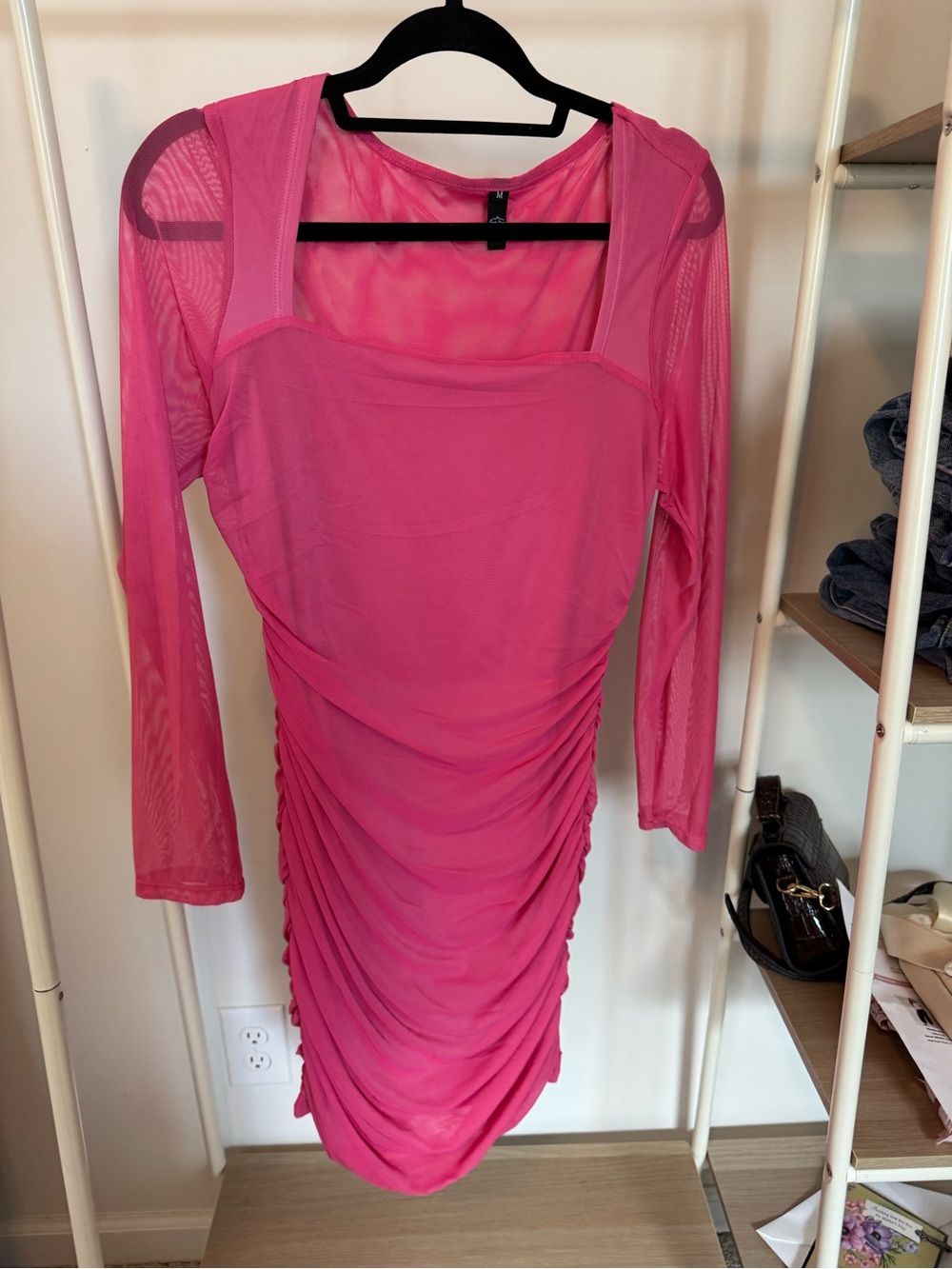 Trendy Queen Pink Ruched Mesh Sleeve Bodycon Dress